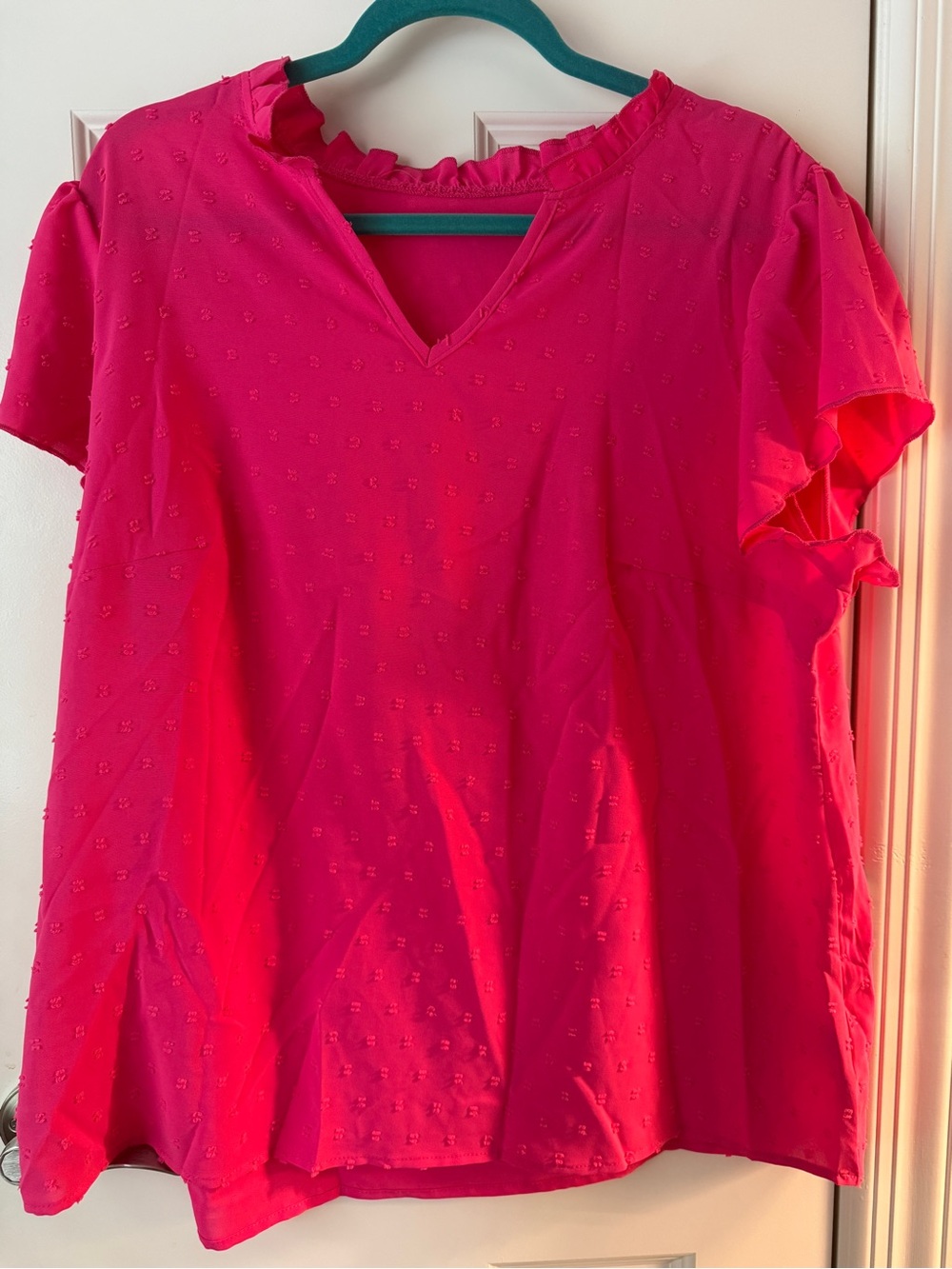 SHEIN Hot Pink Eyelet Ruffle V-Neck Blouse